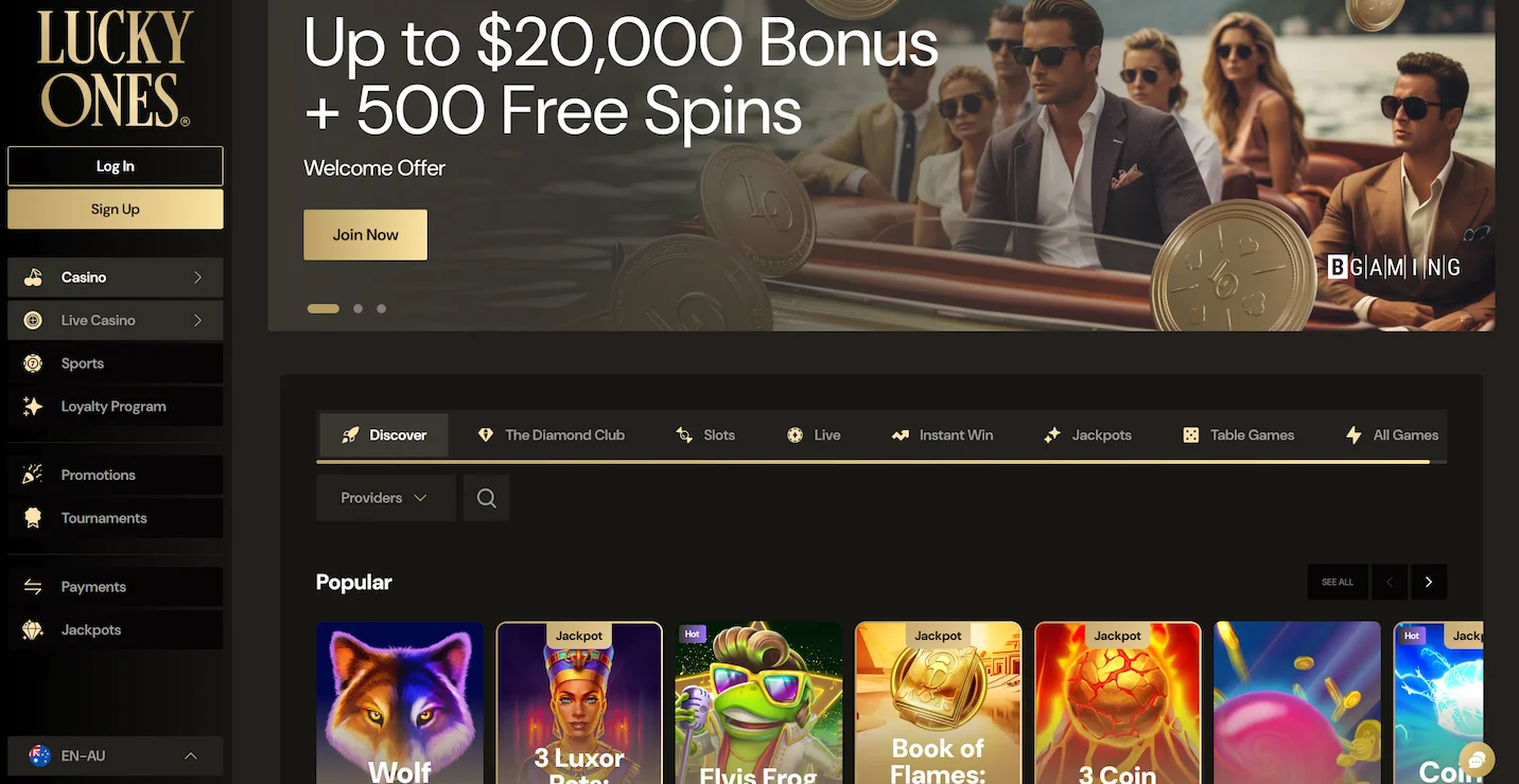 LuckyOnes casino page showing welcome offer and online pokies australia payid options