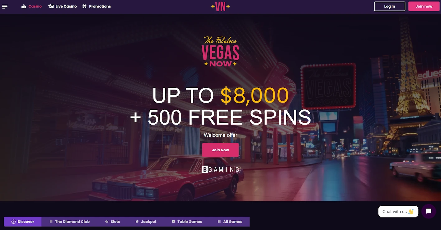 VegasNow casino page showing welcome offer and pokies online australia navigation