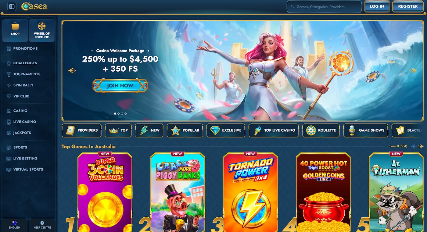 Casea casino frontpage with real online pokies australia and sportsbook